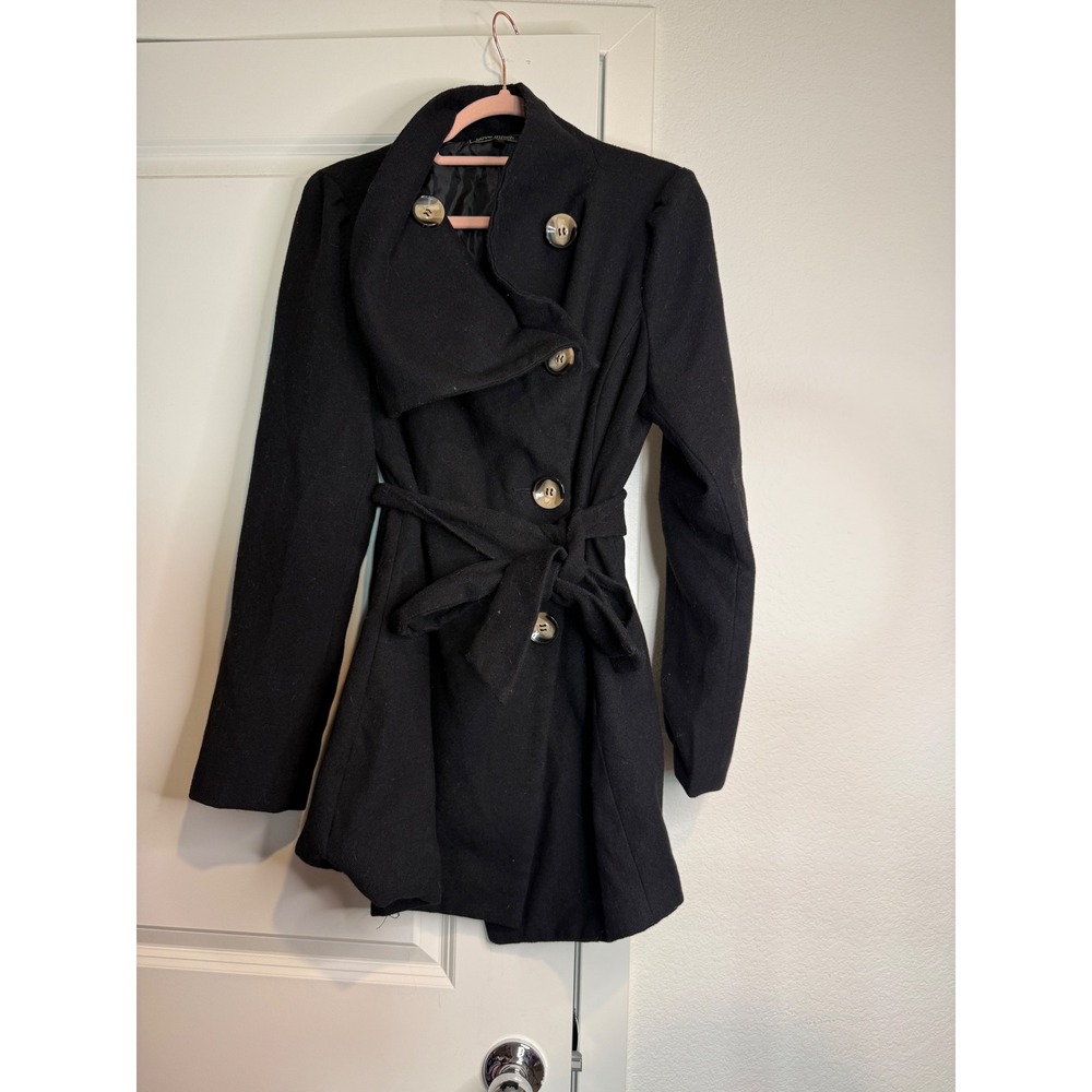 Love Stitch Black Wool Blend Funnel Neck Belted Pea Coat Jacket Large